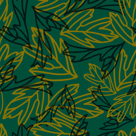 Seamless vector pattern with outlined leaves on green background. Simple abstract nature wallpaper design.のイラスト素材