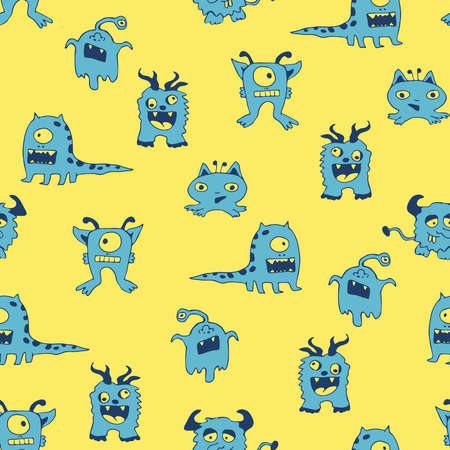 Seamless vector pattern with cartoon monsters on yellow background. Simple fun wallpaper design for children. Kids fashion textile.のイラスト素材