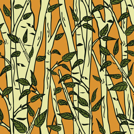 Seamless vector pattern with birch tree on yellow background. Simple forest wallpaper design. Decorative nature fashion textile.のイラスト素材