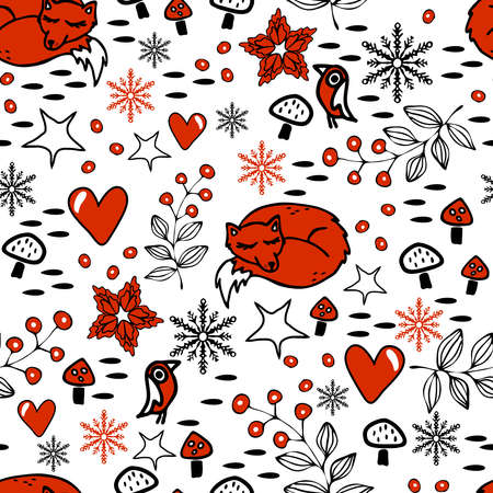 Seamless vector pattern with fox and flowers on white background. Christmas holiday wallpaper design. Simple winter fashion textile.のイラスト素材