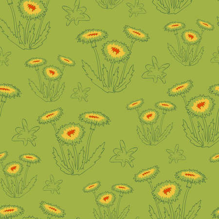 Seamless vector pattern with dandelions on green background. Simple floral wallpaper line art. Flower fashion textile design.のイラスト素材