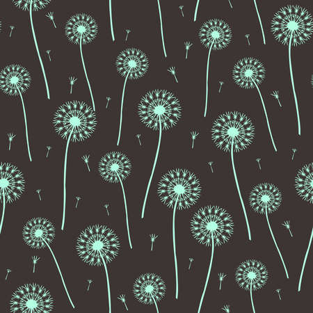 Seamless vector pattern with dandelions on grey background. Gentle soft decorative wallpaper design....