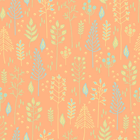 Seamless vector pattern with soft forest on pink background. Simple decorative wallpaper design with...