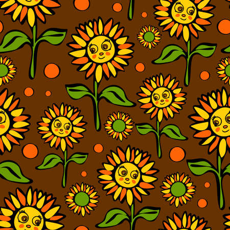 Seamless vector pattern with cartoon sunflowers on brown background. Smiley face flower wallpaper design. Retro floral fashion textile.のイラスト素材