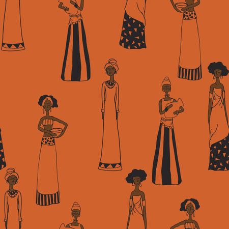 Seamless vector pattern with women on orange background. Beautiful African people wallpaper design. Simple human silhouette fashion textile.のイラスト素材
