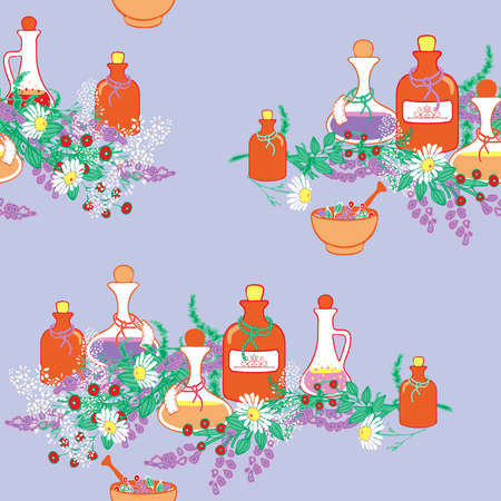 Seamless vector pattern with herb bottles and flowers on light blue background. Aromatherapy wallpaper design with lavender and chamomile. Healthy life fashion textile.のイラスト素材