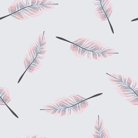 Seamless vector pattern with gentle pink feathers on light blue background. Calm spiritual wallpaper design.のイラスト素材