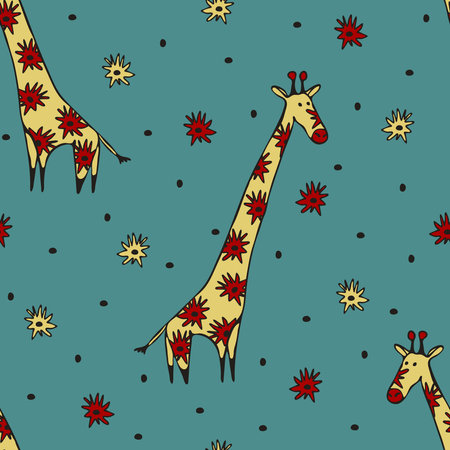 Seamless vector pattern with hand drawn giraffes on blue background. Simple African animal wallpaper design. Baby shower fashion textile.のイラスト素材