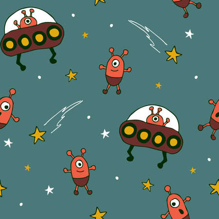Seamless vector pattern with cartoon aliens on blue background. Simple hand drawn UFO wallpaper design for children. Fun spaceship fashion textile.のイラスト素材