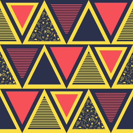 Seamless vector pattern with textured triangles on bright yellow background. Geometrical boho...