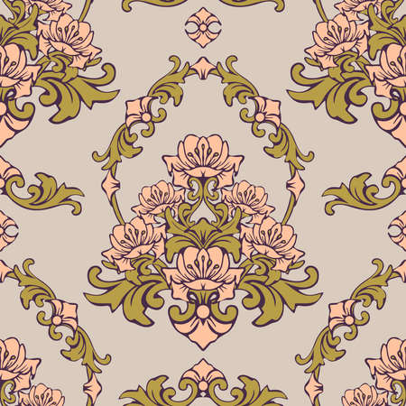 Seamless vector pattern with romantic flower on light blue background. Rococo floral wallpaper design. Decorative damask fashion textile.のイラスト素材