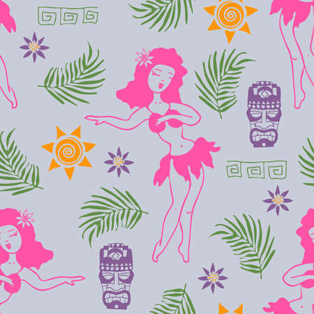Seamless vector pattern with hula girl on blue background. Beautiful summer holiday wallpaper...