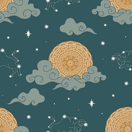 Seamless vector pattern with zodiac symbol and moon on teal blue background. Simple astronomy...