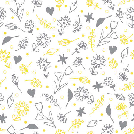 Seamless vector pattern with small flowers on white background. Simple hand drawn floral wallpaper design. Summer garden fashion textile.のイラスト素材