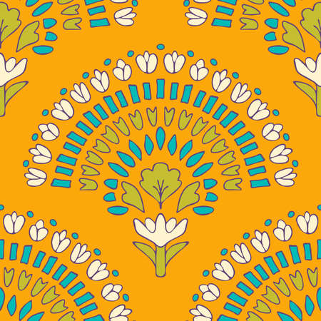 Seamless vector pattern with flower fan on bright yellow background. Mandala floral wallpaper design. Decorative summer fashion textile.のイラスト素材