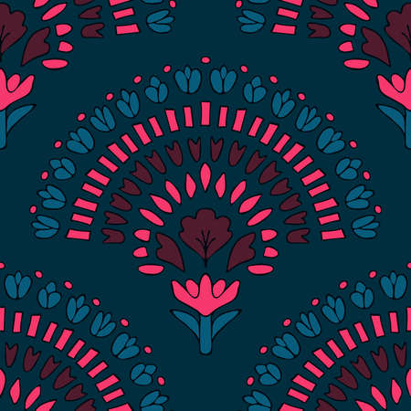 Seamless vector pattern with flower fan on blue background. Beautiful turquoise mosaic wallpaper design. Decorative trendy fashion textile.のイラスト素材