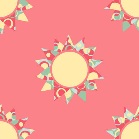 Seamless vector pattern with happy sun on pink background. Artistic summer symbol wallpaper design. Baby shower fashion textile.のイラスト素材
