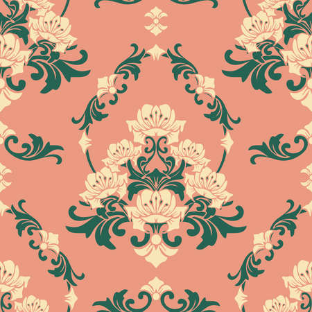 Seamless vector pattern with romantic flowers on pink background. Rococo floral wallpaper design with lilies. Decorative baroque fashion textile.のイラスト素材