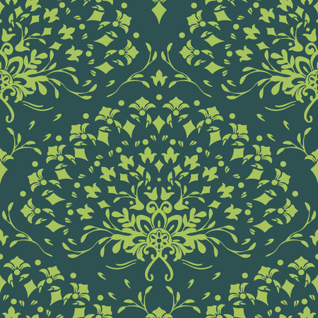 Seamless vector pattern with floral fan on green background. Simple flower silhouette rainbow wallpaper design. Vintage decorative fashion textile.のイラスト素材
