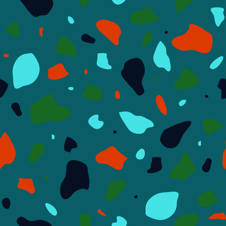Seamless vector pattern with terrazzo texture on blue background. Simple mosaic grid wallpaper design with neon colours. Decorative artistic fashion textile.のイラスト素材