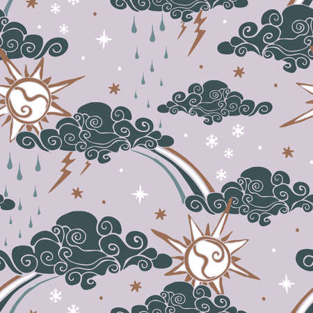 Seamless vector pattern with rainbow weather on pink background. Decorative cloudy wallpaper design. Happy sky fashion textile.のイラスト素材