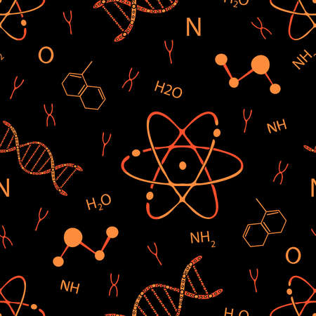 Seamless vector pattern with DNA and atoms on black background. Simple chemistry wallpaper design. Decorative science fashion textile.のイラスト素材