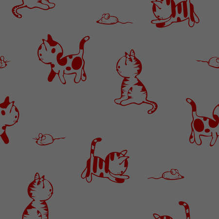 Seamless vector pattern with playful cat on grey background. Cute animal sketch wallpaper design. Decorative kitten fashion textile.のイラスト素材