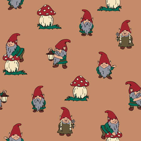Seamless vector pattern with garden gnomes on beige background. Simple playful elf wallpaper design. Decorative lifestyle fashion textile.のイラスト素材