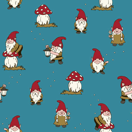 Seamless vector pattern with hand drawn gnomes on blue background. Simple cheerful elf wallpaper design. Decorative festive fashion textile.のイラスト素材