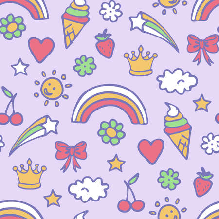 Seamless vector  pattern with magic stickers on pink background. Happy summer wallpaper design for children.  Decorative cheerful fashion textile.のイラスト素材