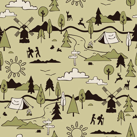 Seamless vector pattern with hiking landscape on green background. Simple life style wallpaper design. Decorative summer holiday fashion textile.のイラスト素材