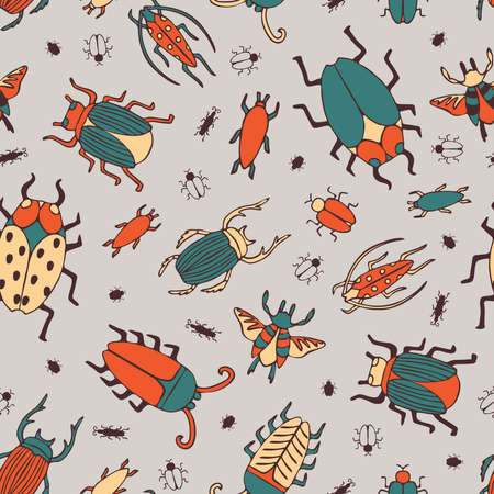 Seamless vector pattern with busy bugs on grey background. Simple happy summer insects wallpaper design. Decorative beetle fashion textile.のイラスト素材