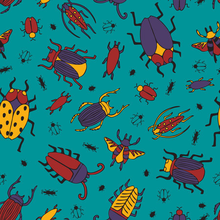 Seamless vector pattern with retro bugs on blue background. Simple hand drawn insects wallpaper design. Decorative beetle fashion textile.のイラスト素材