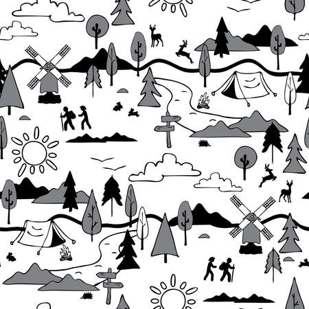 Seamless vector pattern with hiking landscape on white background. Simple lifestyle holiday wallpaper design. Decorative camping fashion textile.のイラスト素材