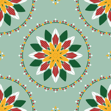 Seamless vector pattern with Christmas flower on green background. Festive floral circle wallpaper design. Decorative wreath fashion textile.のイラスト素材