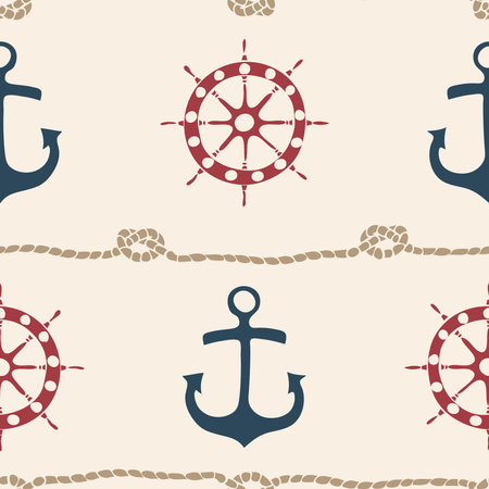 Seamless vector pattern with ship wheel and anchor on beige background. Nautical style wallpaper design. Decorative life style fashion textile.のイラスト素材