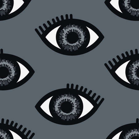 Seamless vector pattern with bright eyes on grey background. Simple Gothic repeat wallpaper design. Decorative scary dream fashion textile.のイラスト素材