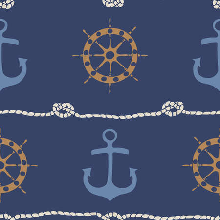 Seamless vector pattern with anchor and ship wheel on blue background. Simple nautical wallpaper design. Decorative marine life style fashion textile.のイラスト素材