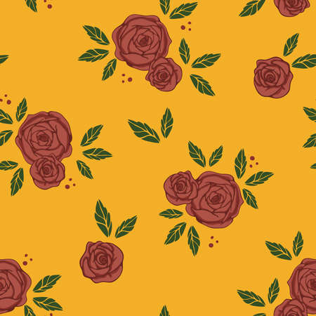 Seamless vector pattern with red roses on yellow background. Simple flower bloom wallpaper design. Decorative vintage floral fashion textile.のイラスト素材