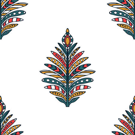 Seamless vector pattern with tribal feather on white background. Simple native symbol wallpaper design. Decorative paisley tile fashion textile.のイラスト素材