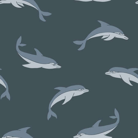 Seamless vector pattern with dolphins on grey background. Simple tropical fish wallpaper design. Decorative sea life fashion textile.のイラスト素材