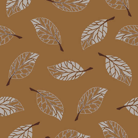 Seamless vector pattern with falling leaves on brown background. Autumn beauty wallpaper design. Decorative forest texture fashion textile.のイラスト素材