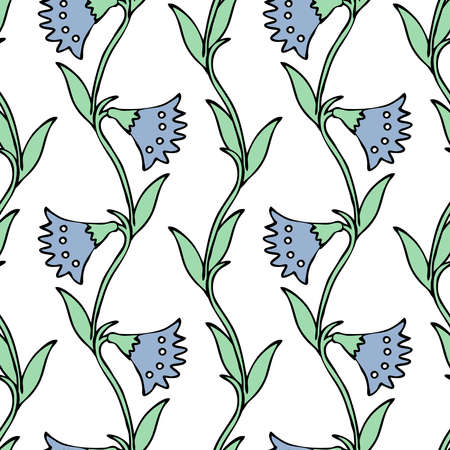 Seamless vector pattern with bluebells on white background. Simple vintage floral wallpaper design. Decorative wildflower fashion textile.のイラスト素材