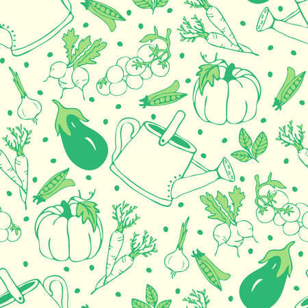 Seamless vector pattern with hand drawn vegetables on green background. Simple summer garden wallpaper design. Decorative life style fashion textile.のイラスト素材