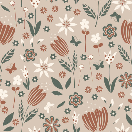 Seamless vector pattern with pastel flower garden on beige background. Simple soft floral wallpaper design. Decorative dream meadow fashion textile.のイラスト素材