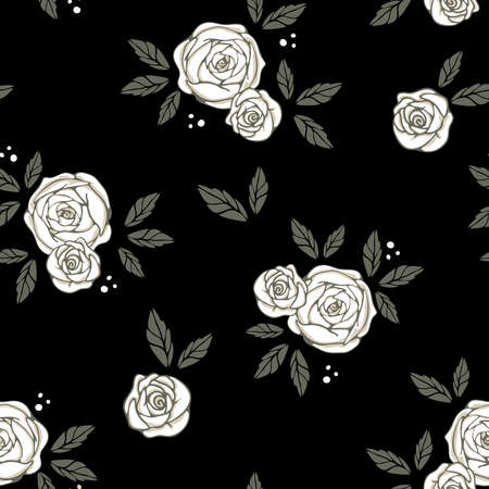 Seamless vector pattern with white roses on black background. Simple vintage floral wallpaper design. Decorative nostalgic fashion textile.のイラスト素材