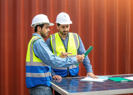Two technician engineers in safety helmets and uniforms have a conversation about the panel installation. Ecology and Environment conceptの写真素材