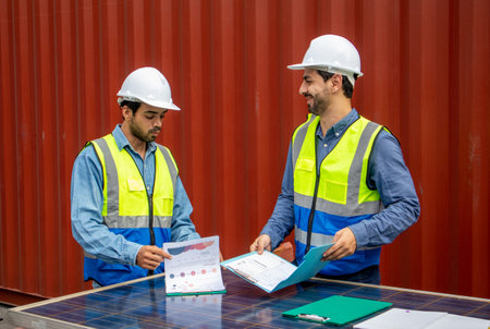 Two technicians in safety helmets and uniforms checking the panels on the paperworkの写真素材