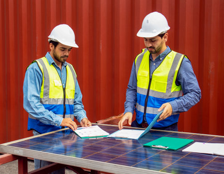 Two technicians in safety helmets and uniforms checking the panels on the paperworkの写真素材