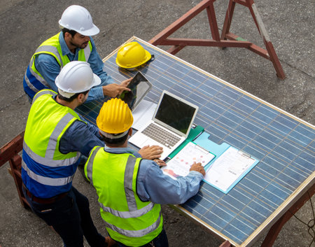 Brainstorming communications of technician professional team  in safety helmets and uniforms with solar photovoltaic panels, sustainable development conceptの写真素材